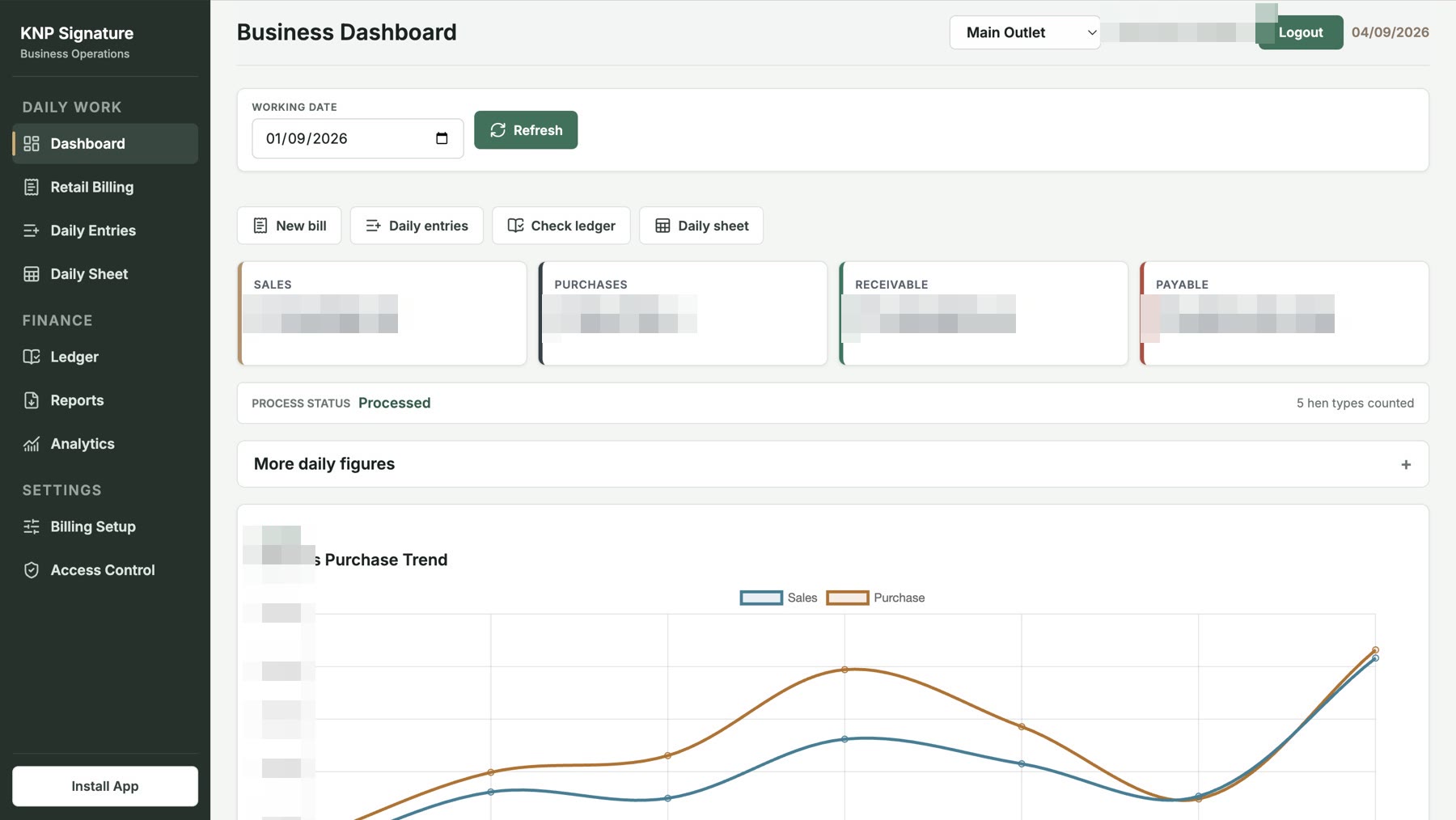 KNP Signature business dashboard with billing, stock, and finance navigation; selected data obscured